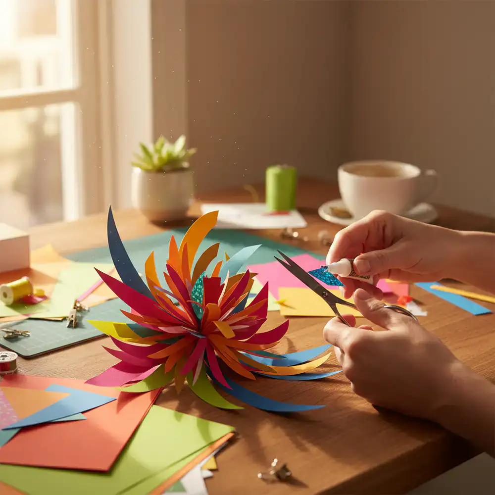 Hands working on a colorful paper craft at a table
