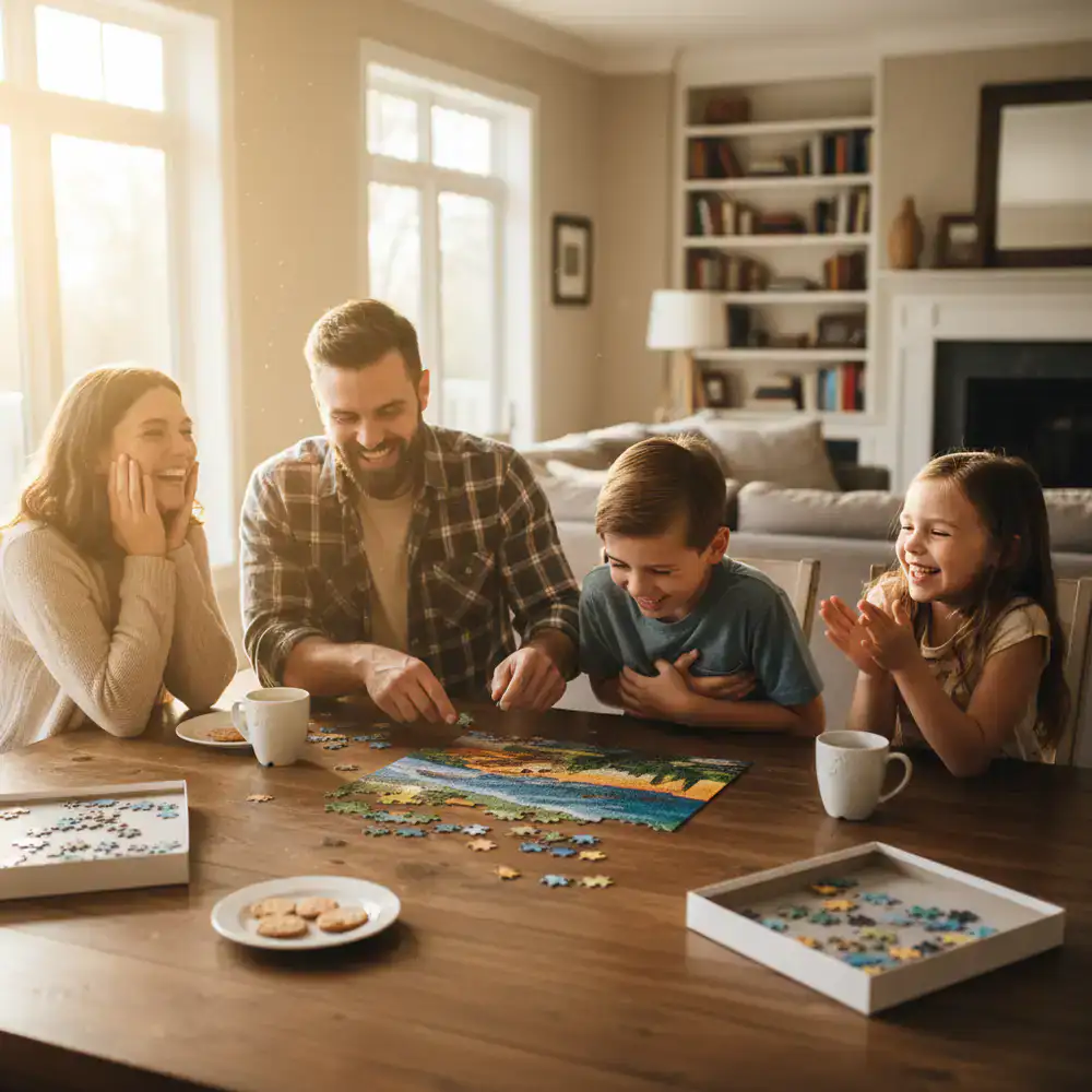 A family laughing over a table puzzle