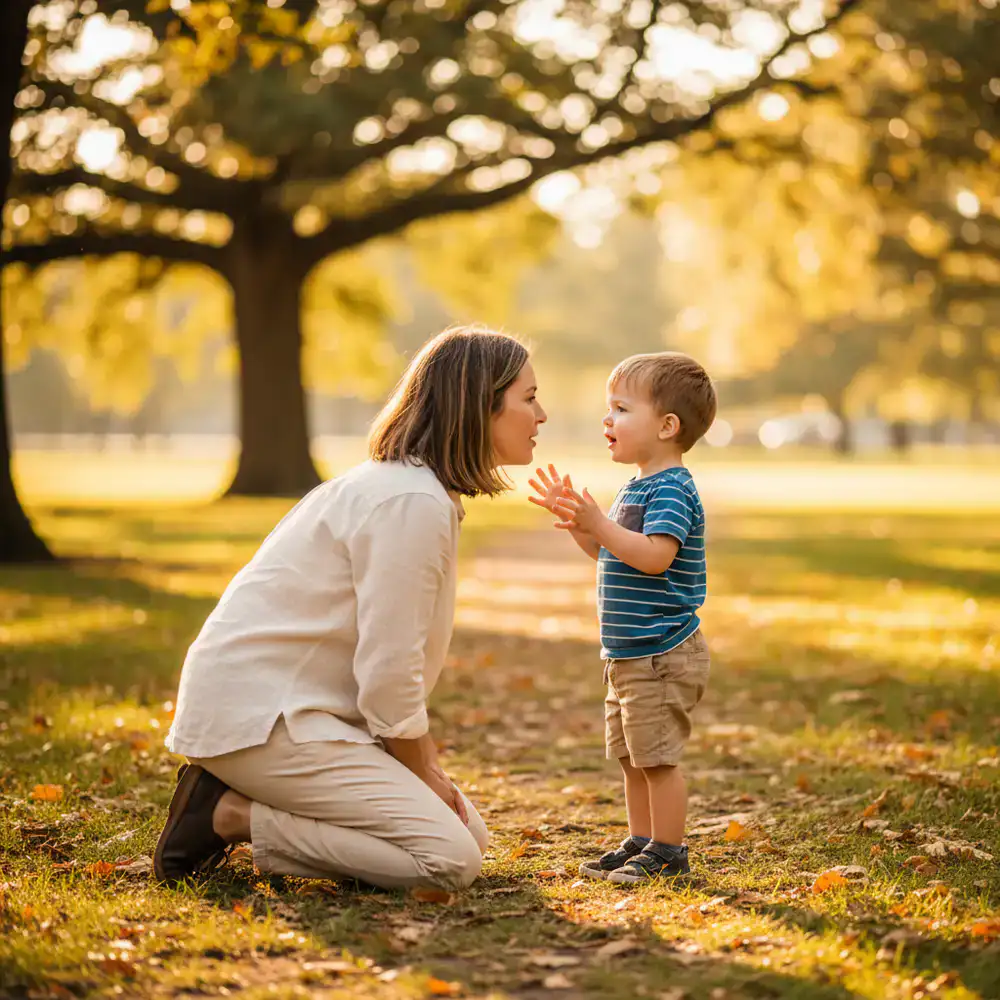 Parent kneeling down to listen to a child