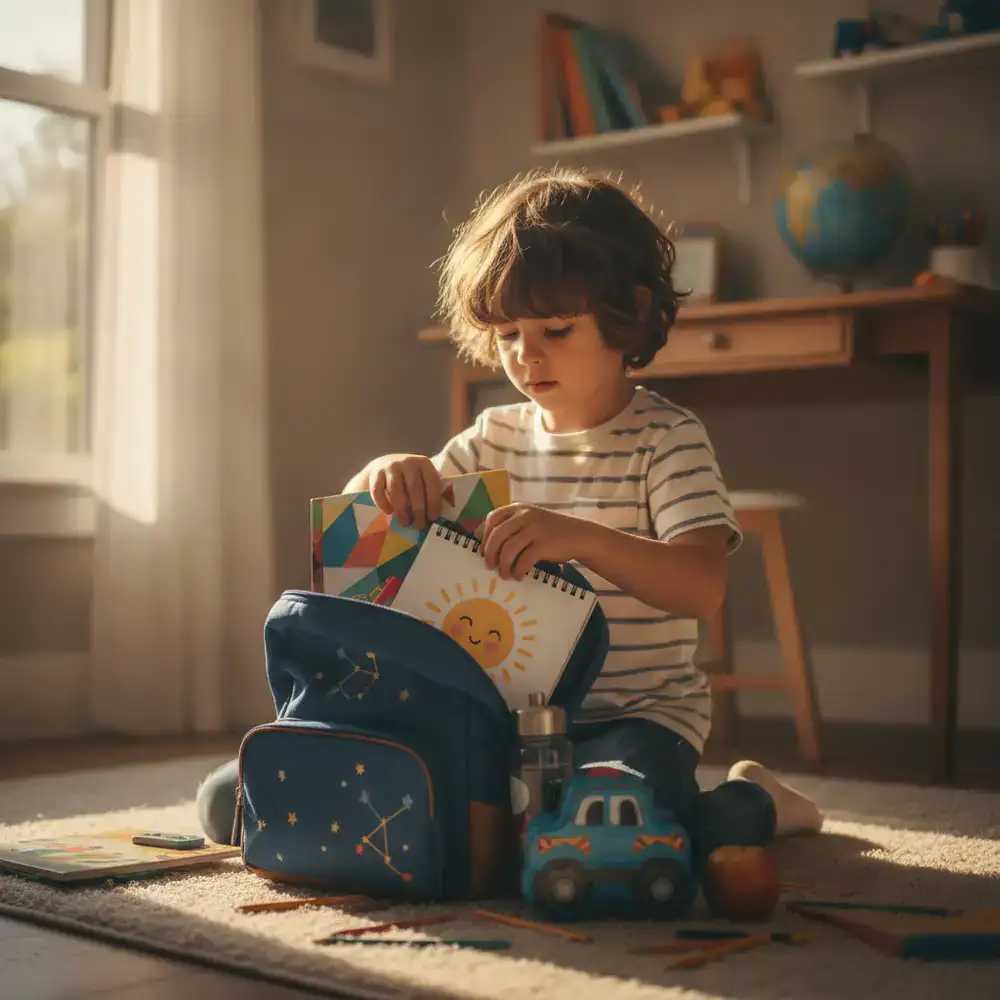 Child organizing a school backpack