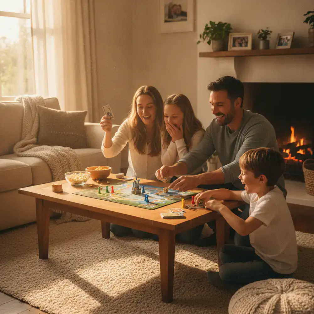 A family enjoying a board game together in a warm living room