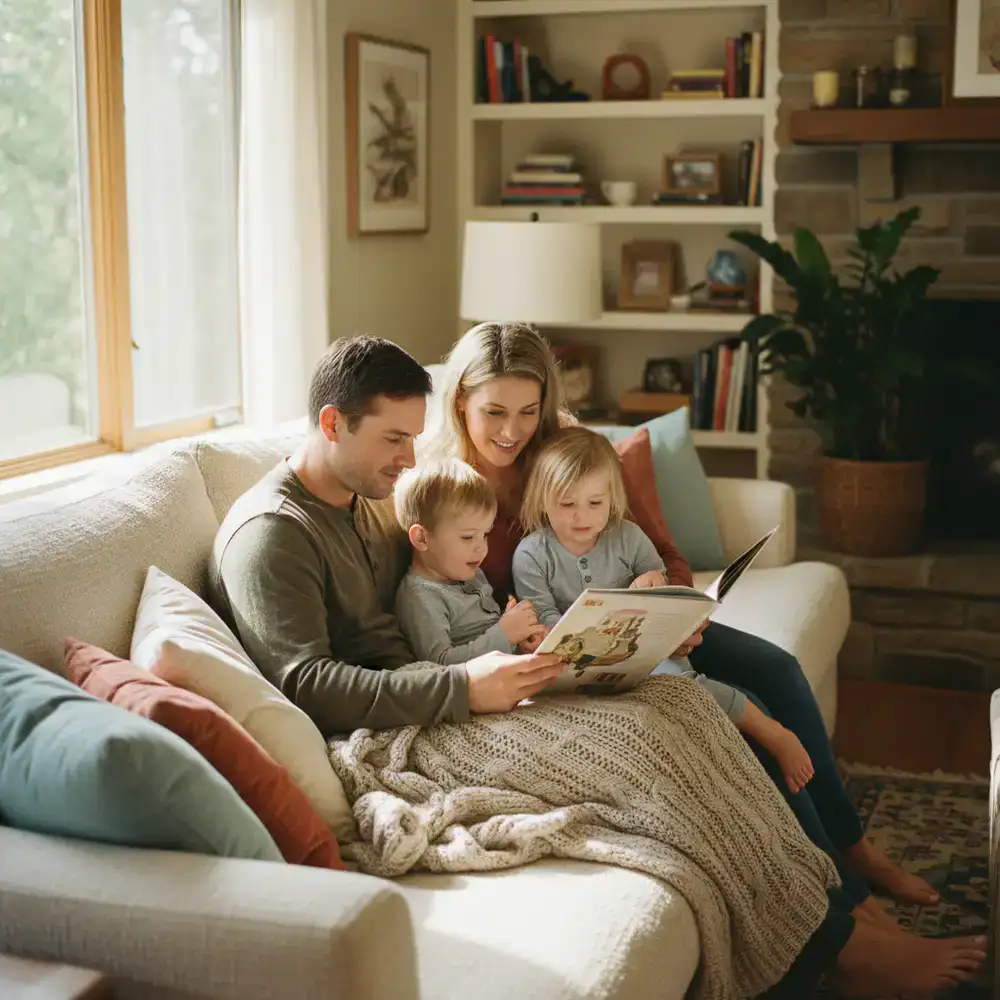 A family reading a book together on a comfortable sofa