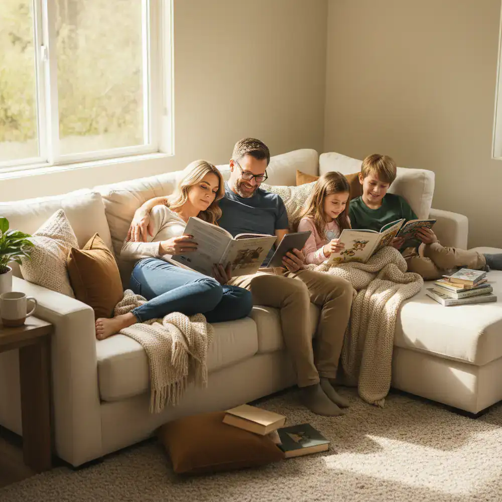 A family relaxing and reading together on a sofa