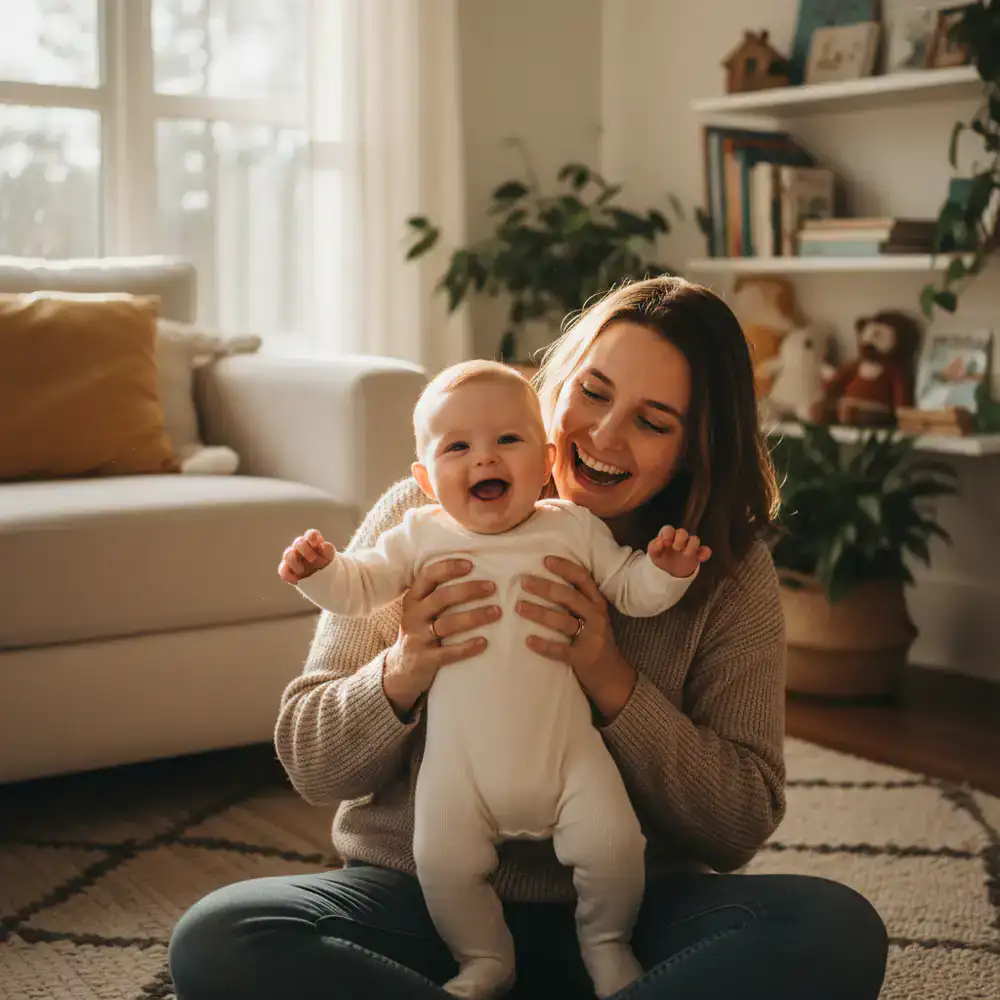 A parent smiling and holding their happy baby in a bright, cozy room