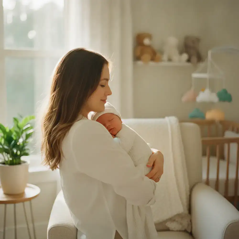 Mother gently rocking her newborn baby to sleep