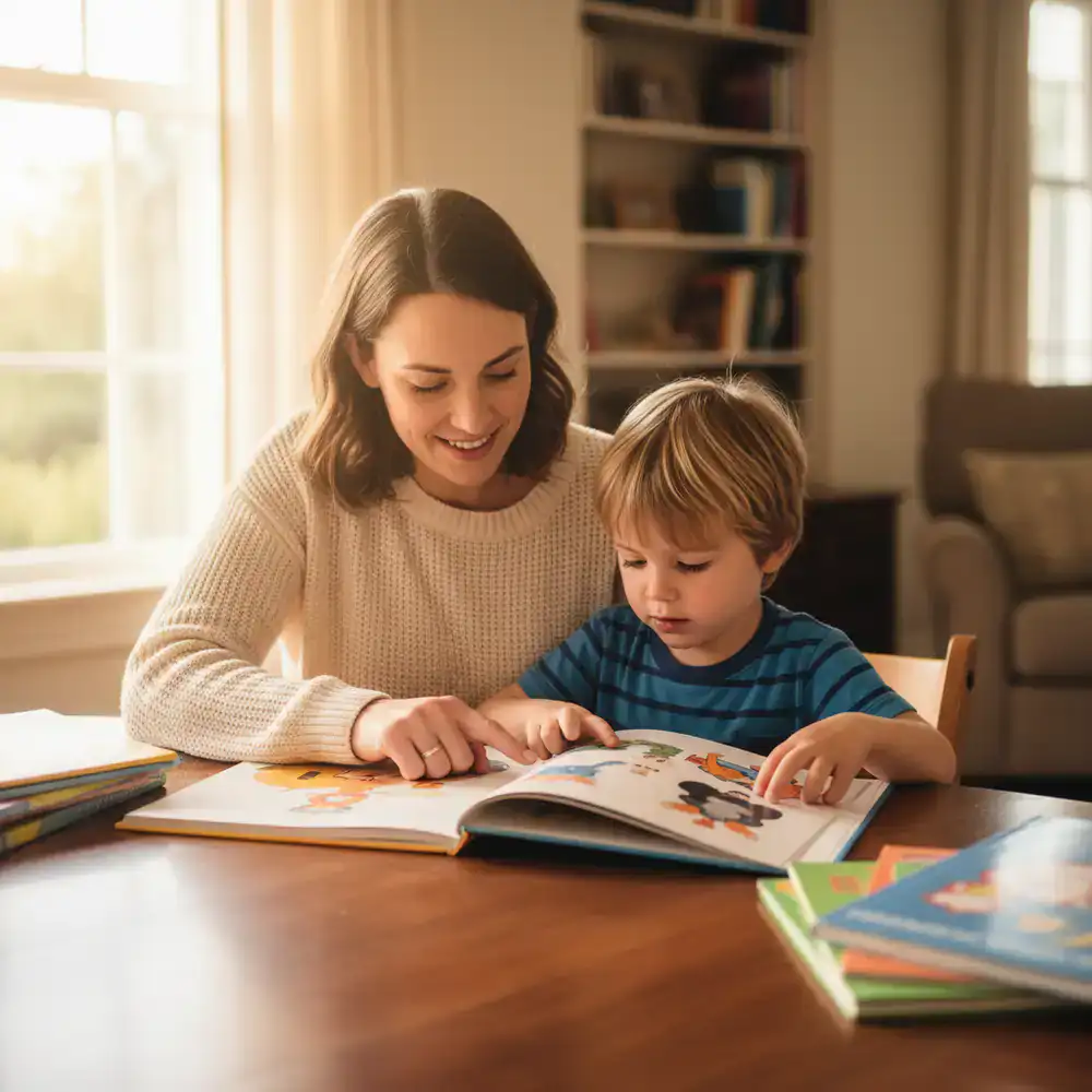 Parent helping a child with their reading homework