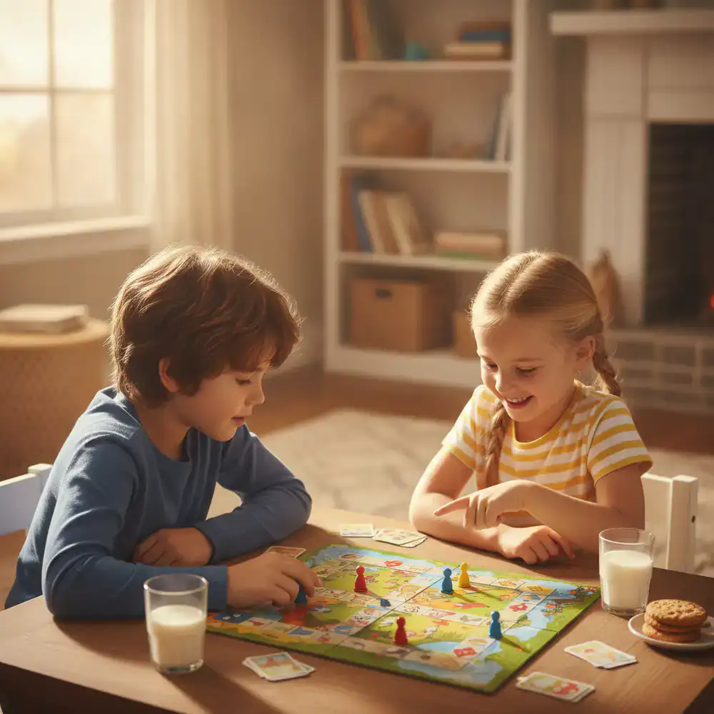 Two school-aged children playing a board game together