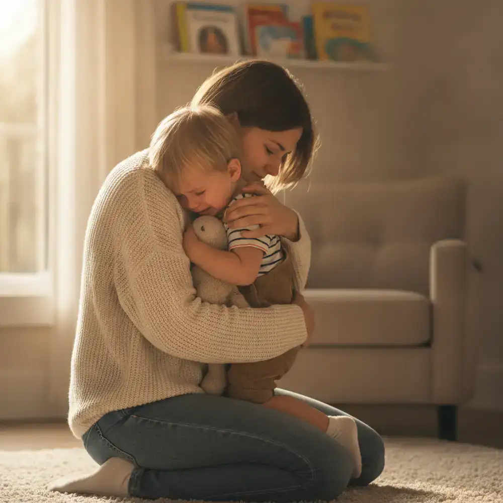 A parent comforting an upset toddler with a hug