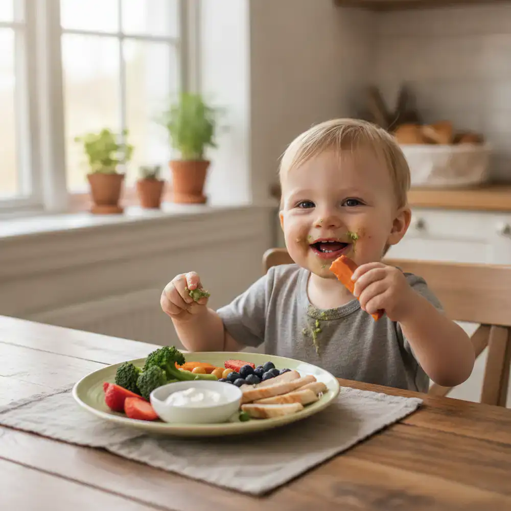 A toddler trying new healthy foods at the dining table