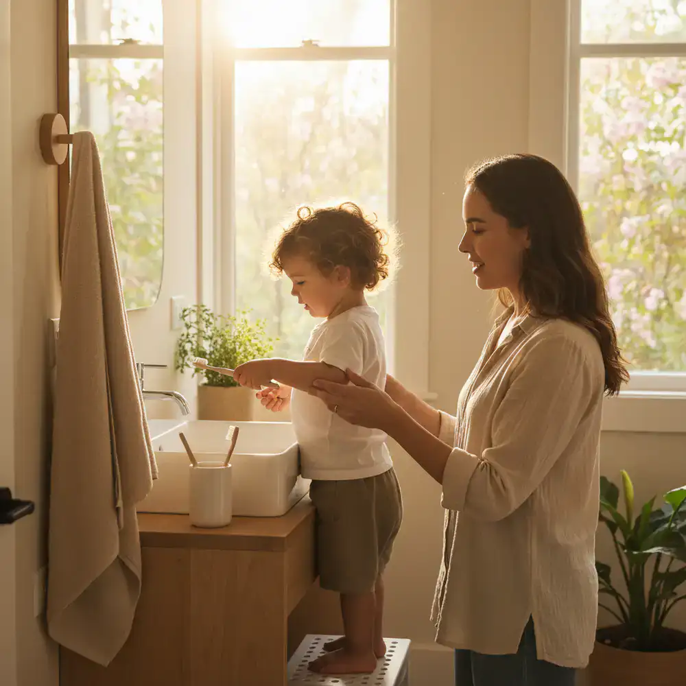 A parent guiding a toddler through morning routines