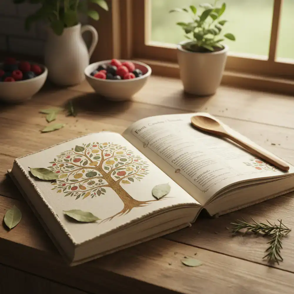 Cover of a family cookbook open on a counter