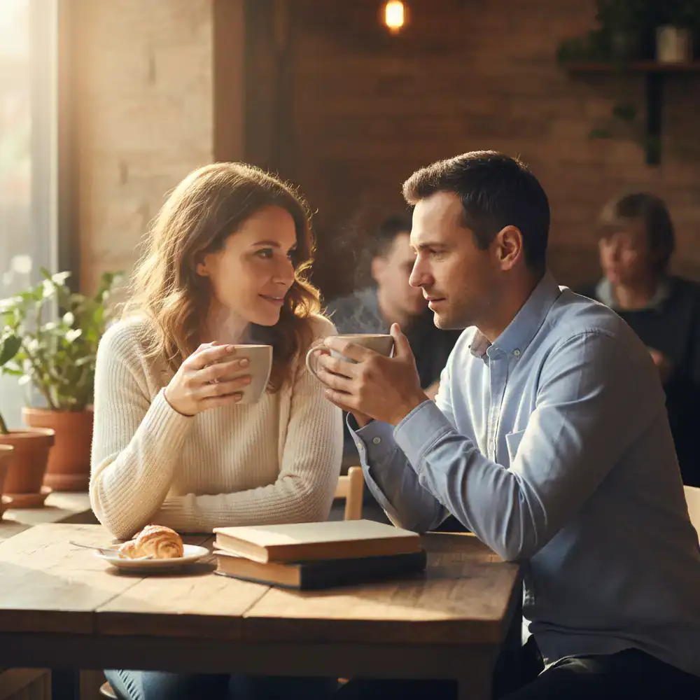 Two parents having a supportive conversation over coffee