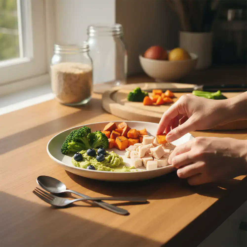 Nutritious toddler meal being prepared on a clean counter