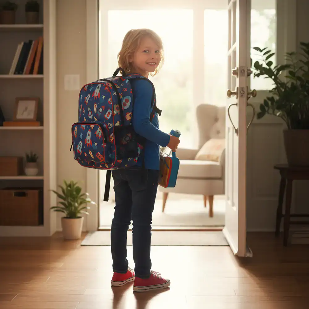 School-aged child with a backpack ready for the day