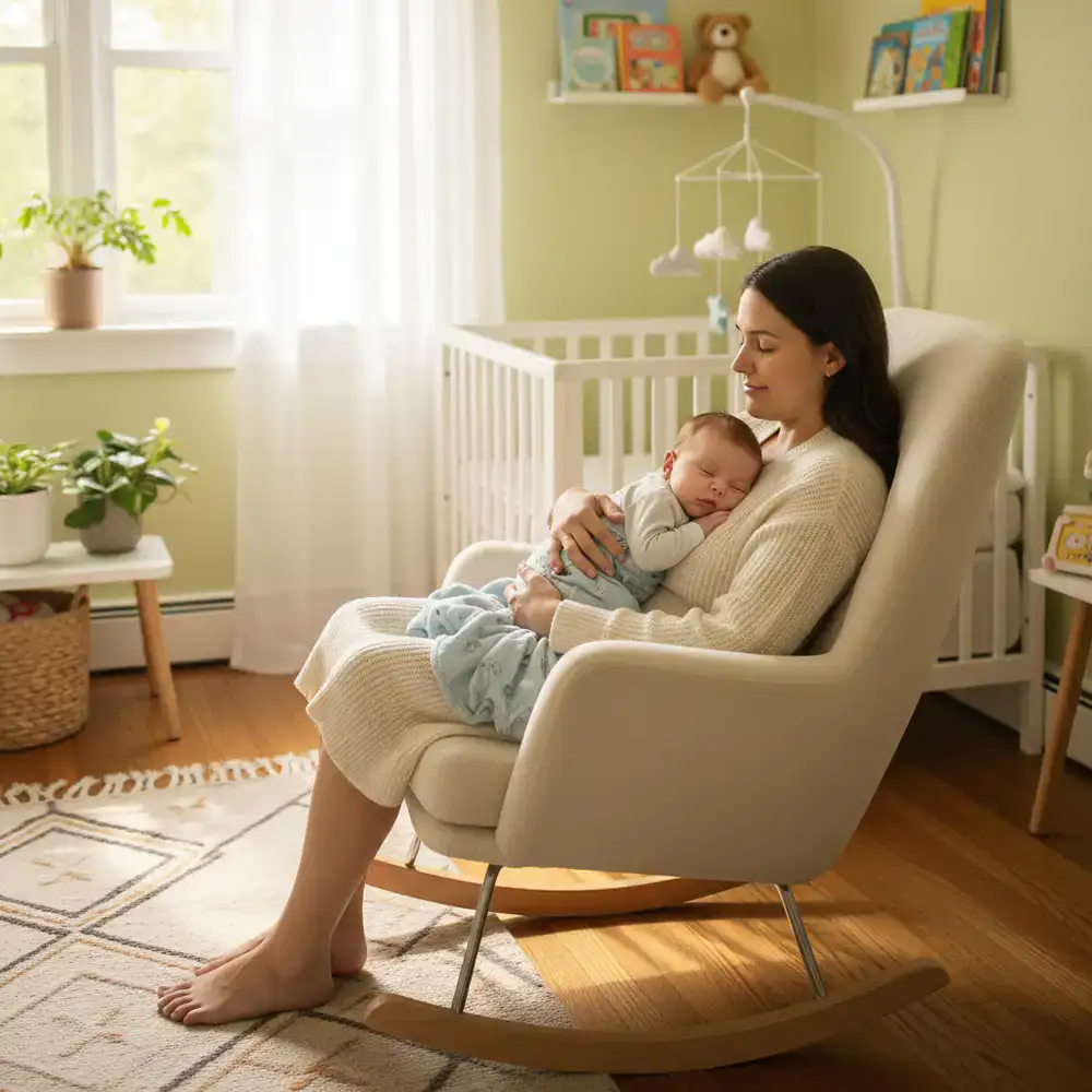 Parent holding a sleeping baby in a calm nursery