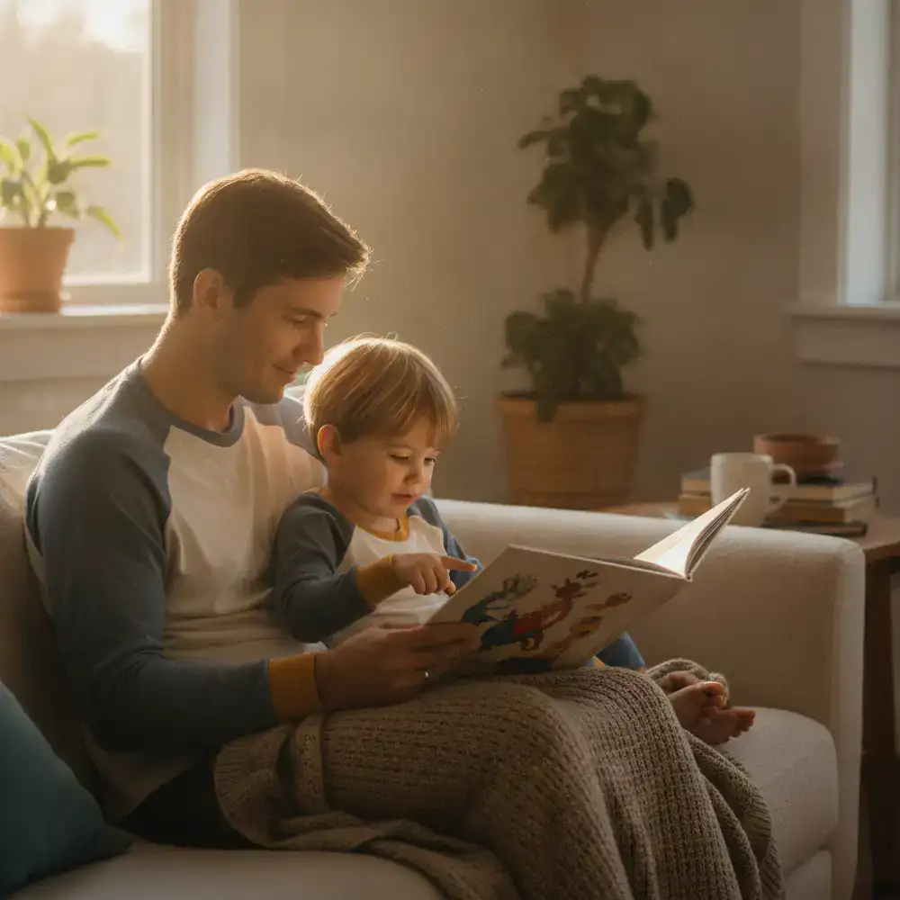 Parent and child reading a book together in soft morning light