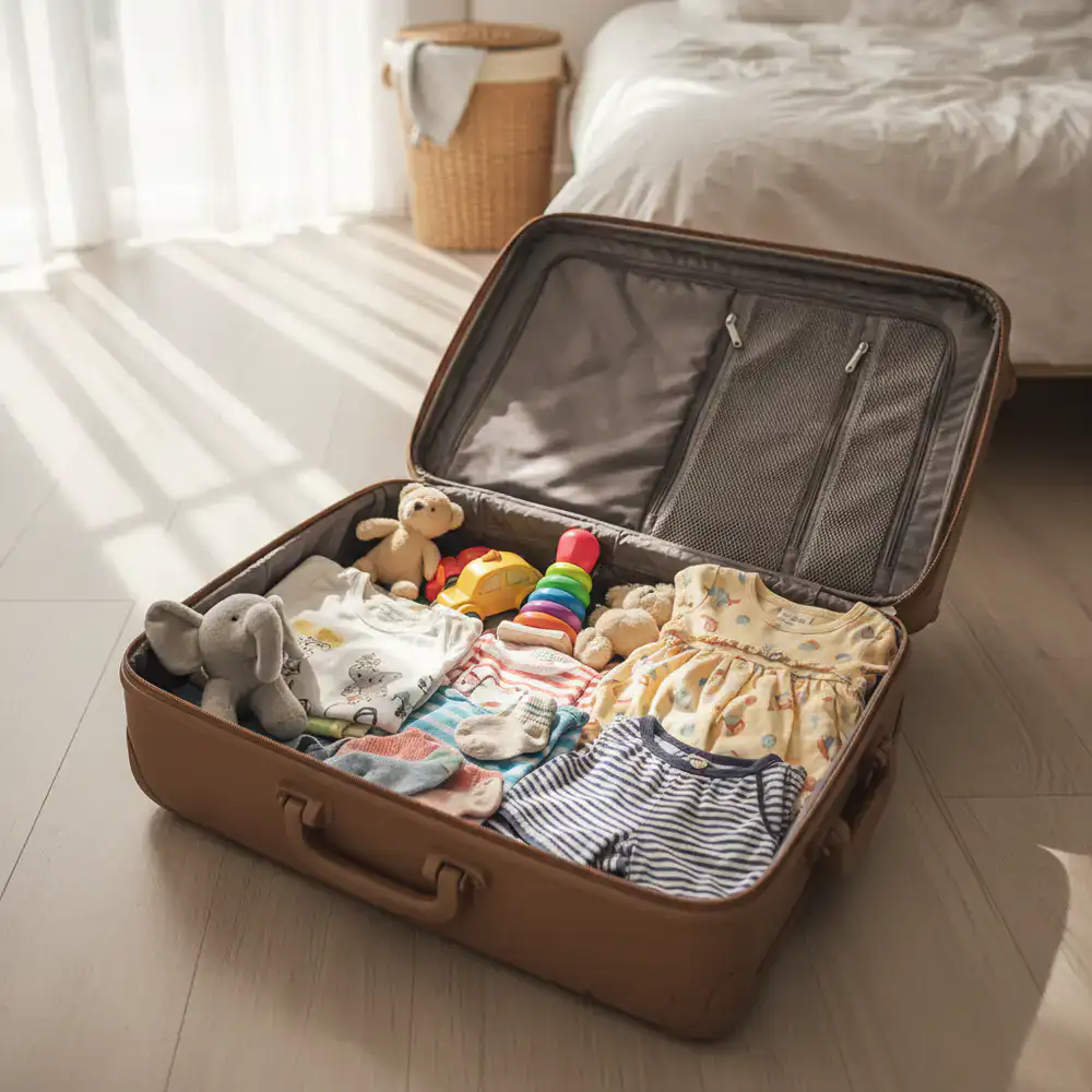 Packing a suitcase with children's clothes and small toys