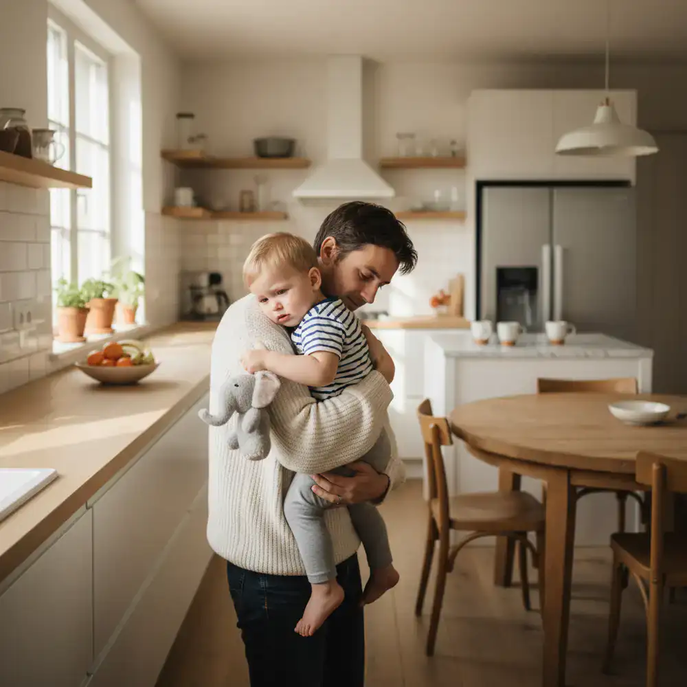 A parent comforting their toddler in a brightly lit kitchen